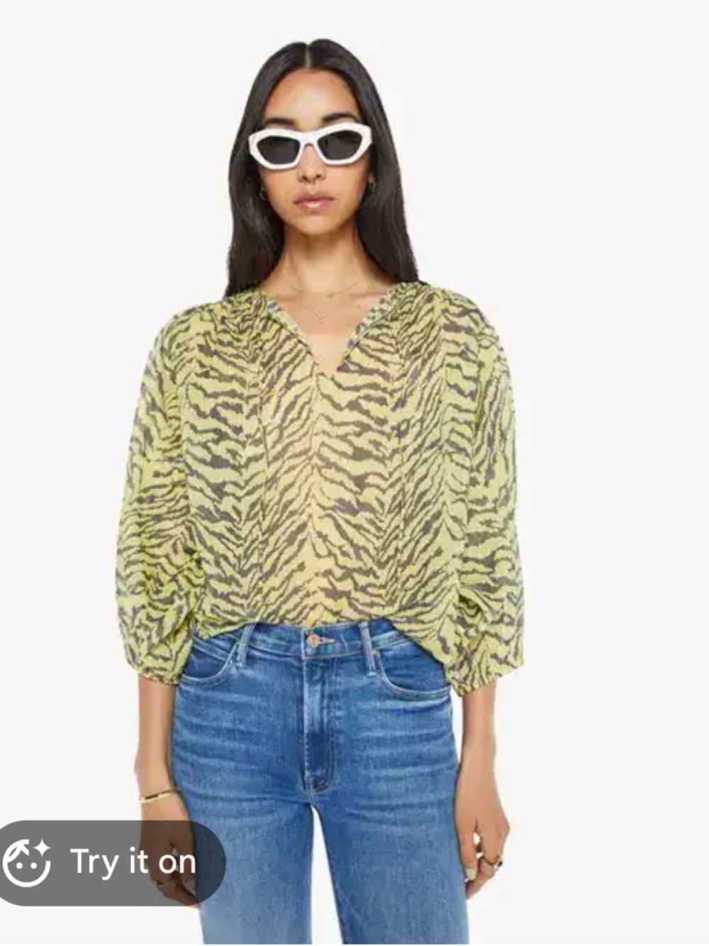 MOTHER Yellow Zebra-Print Sheer V-Neck Blouse